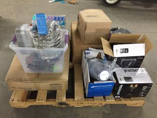 Pallet of Household Items c/w Coffee Pot, Toaster, Tea Kettles, Humidifier, Platters, Food Storage, Colanders, Roasting Pans. (WH)