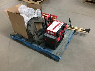 Pallet of Assorted Shop Supplies c/w Push Brooms, Plastic Tool Box, Mechanics Tool Set, Flashlights, Gloves, Liquid Wrench, Etc. (WH)