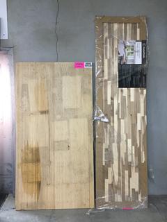 BL Centerpoint Acacia Countertop, 25-1/2in x 96in x 1-1/2in and 39in x 74-1/4in x 1-1/2in Bamboo Butcher Block, Damaged.  (WH)