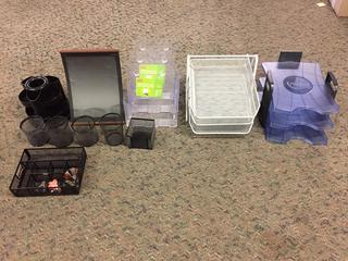 Assorted Office Supplies c/w Desk Organizers, Card Holders, Stamps, Staples, Glue Stick, Tape, Etc. (RST)