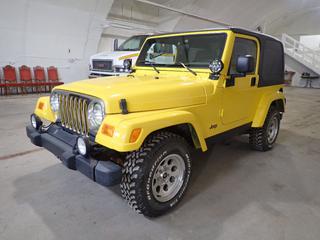 2004 4X4 Jeep TJ c/w 4.0L, 5-Spd Manual, Hard Top Canopy And LT235/75R15 Tires. Showing 086,420kms. VIN 1J4FA49S24P782215 