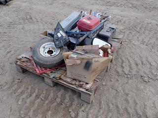 Qty of Wrenches, Sockets, Komatsu Gaskets, Bearings, 4.80-8 Trailer Tire, (2) Mirrors And Assorted Supplies