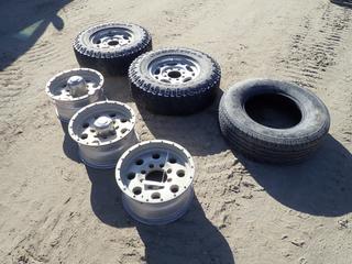 Qty of (3) American Racing 8-Hole Rims c/w (2) Goodyear L235/85R16 Tires w/ Rims And Firestone LT205/75R16 Tire 