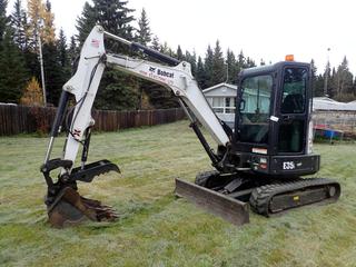 2014 Bobcat E35i Mini Excavator c/w Kubota DU1703 Diesel Engine, A/C Cab, X-Change Q/A, Swing Boom, 68in Levelling Blade, 18in Bucket, 13in Hydraulic Thumb And 13in Tracks. Showing 450hrs. SN AUYM11514