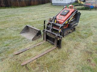 2012 Ditch Witch SK350 Mini Skid Steer c/w Kohler CH640 Command Pro 20hp Gas Engine, Aux Hyd, 36in Bucket, Paladin 42in Fork Attachment And 7in Tracks. Showing 213hrs. SN CMWSK350JC0001180