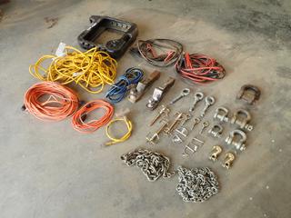 (2) Sets Of Booster Cables, Shackles, Eye Hooks, (1) 2in And (1) 2 5/16 Ball Hitch, Extension Cords And Assorted Supplies