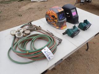 Oxy/Acetylene Hose c/w Gauges, (2) Welding Helmets And (2) Goggles