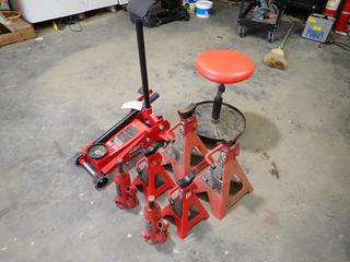 Big Red 3-Ton Hydraulic Floor Jack c/w (2) Shop Master 6-Ton Hydraulic Bottle Jacks, (2) Big Red 6-Ton Jack Stands, (2) Big Red 3-Ton Jack Stands And (1) Portable Shop Seat