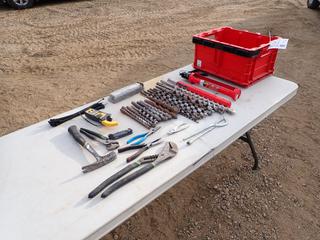 Qty Of Concrete Drill Bits, Knife, Pliers, 13in Caulking Gun, Milwaukee Container And Assorted Supplies
