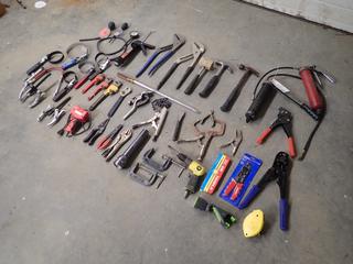 Qty Of Pliers, Oil Filter Wrenches, Crimpers, Pneumatic Hammer, Vise Grips, C-Clamps, Pipe Wrenches, Hammer, Vacuum Tester And Assorted Hand Tools