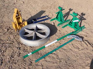 (2) Greenlee 687 2500lb Cap. Screw Type Reel Stands, 4000lb Cap. Hook, Single Sheave Roller And 846 1in EMT Handle And Pipe Bender