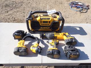 Dewalt DC012 7.2-18V Worksite Charger/Radio c/w Dewalt DC385 18V Reciprocating Saw, Dewalt DC825 1/4in Impact Driver, Dewalt DW919 Rechargeable Light And (2) Battery Chargers