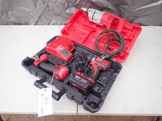 Milwaukee 1107-1 120V 1/2in Drill c/w Milwaukee 2607-20 18V 1/2in Hammer Drill, Milwaukee 2853-20 18V 1/4in Hex Impact Driver, (1) 12/18V Charger And (1) 18V Battery