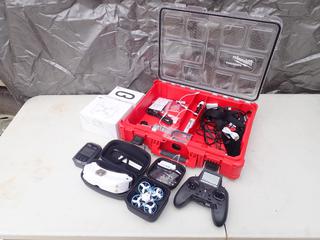 Beta FPV RC Racing Micro Drone w/ Additional Batteries, Wings and Accessories c/w Skyzone SKY04X V2 FPV Screen Goggles, Radio Master Zorro Drone Controller w/ Built In 2 1/4 In. Screen, SKYRC B6NEX Smart Charger, Unused  DJI FPV Drone Propeller Guard, Goggles 2 Foam Padding And Milwaukee Packout Tool Case