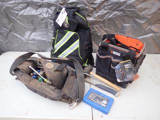 Unused Klein Tools Tradesman Pro 40 Pocket Tool Tote c/w Unused Klein Tools Backpack, Rack-A-Tiers Tote, Incomplete Boss Driver Bit Kit And Assorted Hand Tools