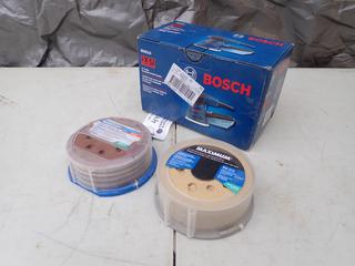 Unused Bosch R0S10 120V 5in Random Orbital Palm Sander c/w (50) Mastercraft And (50) Maximum 5in Assorted Grit Hook And Loop Sanding Discs