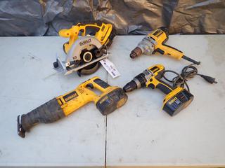 Dewalt DCD950 18V 1/2in Drill c/w Dewalt DC390 18V 6 1/2in Circular Saw, Dewalt DC385 18V Reciprocating Saw And Dewalt DW130V 120V 1/2in Drill