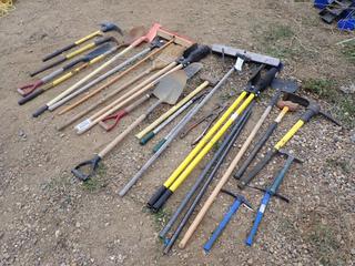 Qty Of Shovels, Brooms, Pick Axe, Hole Digger And Assorted Hand Tools