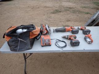 Ridgid 1/2in Drill, Ridgid 1/2in Impact, Cordless Circular Saw, Light, Reciprocating Saw And (1) Battery Charger *Note: No Battery*