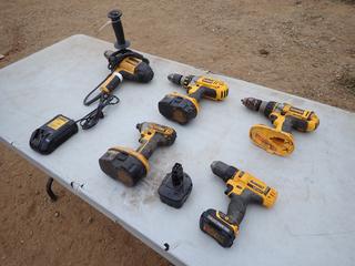 (2) Dewalt 18V 1/2in Drills, (1) 12V Drill, (1) 18V Impact, 1/2in 120V Electric Drill And (1) Charger