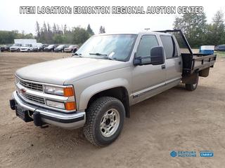 Fort Saskatchewan Location - 1998 GMC Sierra 3500 Crew Cab 4X4 Flat Deck Truck c/w 6.5L V8 Turbo Diesel, A/T, 8 Ft. 10 In. X 7 Ft. 10 In. Deck And LT245/70R16 Tires. Showing 388,407kms. VIN 1GTHK33F3WF053599 *Note: Check Engine Light On, Chips In Windshield, Has Transmission Issues*