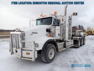 Fort Saskatchewan Location - 2019 Kenworth T800 Tri-Drive Sleeper Truck Tractor c/w 15L Cummins Diesel, Eaton Fuller Manual Transmission, 69,000 Rears, Triple Diff Locks, Moose Bumper, Fifth Wheel Plate, 266in W/B, 385/65R22.5 Front And 11R24.5 Rear Tires. CVIP 11/2023. Showing 310,603kms, 8737hrs. VIN 1XKDP4EX7KR997253