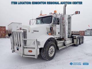Fort Saskatchewan Location - 2019 Kenworth T800 Tri-Drive Sleeper Truck Tractor c/w 15L Cummins Diesel, Eaton Fuller Manual Transmission, 69,000 Rears, Triple Diff Locks, Moose Bumper, Fifth Wheel Plate, 260in W/B, 385/65R22.5 Front And 11R24.5 Rear Tires. CVIP 11/2023. Showing 311,343kms, 8279hrs. VIN 1XKDP4EX8KR951995 *Note: ABS Light On*