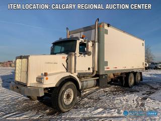 High River Location - 1998 Western Star 4964SX T/A Mud Truck c/w Cummins N14 Plus 460 HP, Eaton Fuller 18 Spd, 7,257 Kg Front, 9,979 Kg Rear Axles x2, GVWR: 27,215 Kg, 22ft Van Body, Plumbed for Lights, Heat, (2) Go Power 1750 HD Inverters, Water Heater, (2) 1000 US Gal. Holding Tanks, Plumbed For Trailer, 445/65R22.5 Front, 11R24.5 Rear Tires, Showing 117,594 Miles, 23,485hrs VIN 2WLPCDJH2WK952214 *Out of Province Vehicle*.