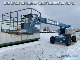 High River Location - 1996 Genie S65 4WD Telescopic Boom Lift  c/w Ford 4 Cyl Dual Fuel Gas/LPG, 65ft Working Height, 500 LB Capacity, 15-19.5 Tires, Showing 12,276 Hours, S/N 1376. *Not Running*.