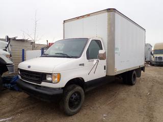 Located Offsite Near Winterburn - 1997 Ford E350 Cube Van c/w 7.3L V8 Power Stroke Turbo Diesel, A/T, 11,500lb GVWR, Thermo King Model 4-4213 14 Ft. Van Body, 90 In. X 40 In. Hydraulic Lift Gate And 225/75R16 Tires. Showing 382,568kms. VIN 1FDKE30F9VHA08392. **Located Offsite at 21220-107 Avenue NW, Edmonton, For More Information Contact Richard at 780-222-8309**