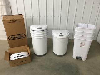 (9) Unused Sterilite 12.3 and 11.9 Gallon Locking Touchtop Wastebaskets. *Incomplete and Some Damage* (8-U-1)