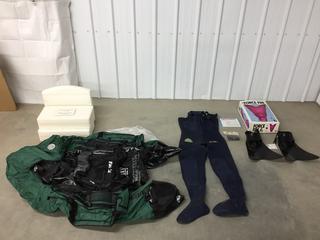 Unused Outcast 0CG344H505 Fat Cat Green Float Tube, Unused Force Fins Size XXL and Fitzwright Neoprene Waders. (9-E-3)