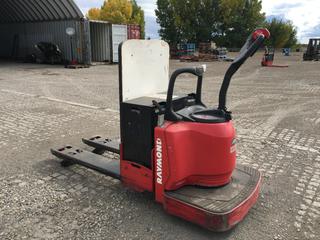Raymond Battery Powered End Rider Pallet Jack, Model# 8400, 6000lb Capacity w/ 9in x 48in Forks, S/N 840-10-85228. *Running Condition Unknown*  (Dome)
