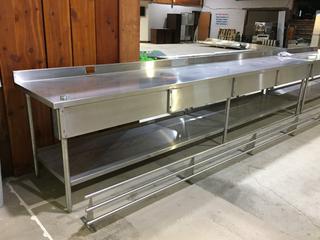 Stainless Steel Prep Table with 3-1/2in Backsplash and Bottom Shelf, 160in L x 30in W x 35in H c/w Detachable Front Shelf.  (AUD)
