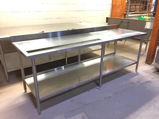 Stainless Steel Prep Table with 3-1/2in Backsplash, Drip Tray and Bottom Shelf, 8ft L x 30in W x 35in H. 