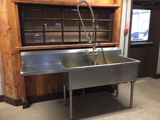 Stainless Steel 2-Section Sink with Pull-Down Faucet, 75in L x 26in W x 35in H.  