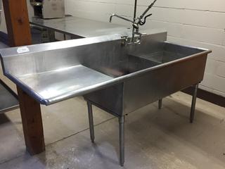 Stainless Steel 2-Section Sink with Pull-Down Faucet, 75in L x 26in W x 35in H.  