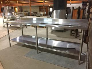 Stainless Steel Prep Table with 3-1/2in Backsplash, Drip Tray and Bottom Shelf, 8ft L x 30in W x 35in H.