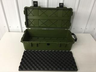 Portable Pelican Case in Green with Padded Divider. Approximately 25in. X 11in. X 7in. Interior Dimensions. (5-C-3)