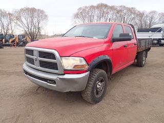 2011 Ram 2500 HD 4X4 Crew Cab Flat Deck Truck c/w 5.7L, A/T, 102in X 82in Deck, Hideaway Gooseneck Hitch, And LT265/70R17. Showing 9614hrs, 229,095kms. VIN 3D7TT2CTXBG615181 *Note: Radio Missing, Windshield Cracked, Check Engine Light On, Dents, Paint Chips*