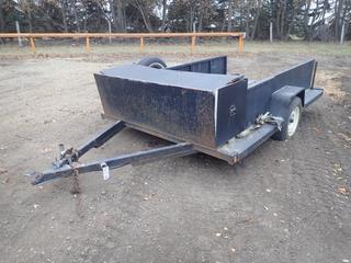 14ft X 6ft S/A Utility Trailer c/w 6ft X 2ft X 2ft Storage Box And P215/70R15 Tires. *Note: No VIN, Storage Box Damaged, Flat Tires, (1) Tire Blown, Planks Require Replacing*
