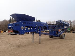 2018 Edge MS80 Portable Radial Stacking Conveyor c/w 728 Punit Genset, CAT C2.2 Diesel Engine, 35in Conveyor Belt w/ Direct Feed Hopper, Fifth Wheel, Air Brakes And 255/70R22.5 Tires. Showing 1024hrs. SN 18MS8036720