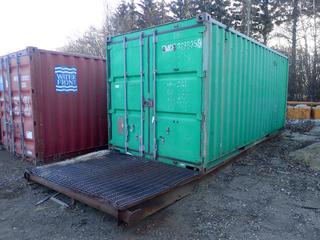 2002 20ft Skid Mtd. Storage Container c/w 26ft Skid, Shelving And Wired For Power. SN EMCU3286359 *Note: Floor Damaged, Skid Bent*