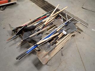 Qty Of Assorted Shovels, Asphalt Rakes, Hand Tamper And Pry Bar