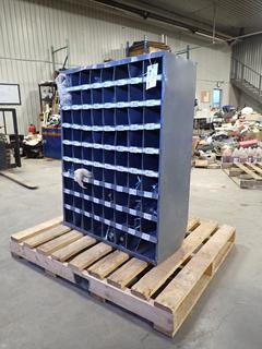 34in X 12in X 42in 72-Compartment Bolt Bin c/w Assorted Nuts, Bolts And Washers *Note: Bin Damaged*