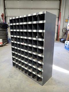 34in X 12in X 42in 72-Compartment Bolt Bin c/w Qty Of Assorted Nuts, Bolts, Washers And Screws *Note: Small Dent In Top Of Bin*