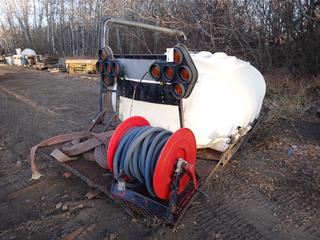 12ft X 76in Deck Frame c/w 950-Gal Water Tank, Hose, Reel And 2-Pc Arrow Signal Sign *Note: Frame Damaged*