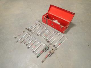 26in X 9in X 9in Toolbox c/w Qty Of 7/8in - 1 5/8in Wrenches And (2) Pipe Wrenches