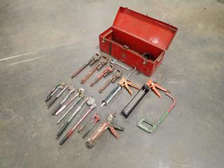 26in X 9in X 9in Toolbox c/w Qty Of Pipe Wrenches, Pipe Benders, Caulking Guns And (2) Steel Brushes