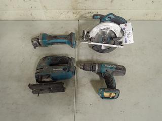 Makita BSS611 18V 6 1/2in Circular Saw, Makita BJV180 18V Jig Saw, Makita BGA452 18V 4 1/2in Angle Grinder And Makita BHP453 18V 1/2in Drill *Note: No Batteries, Working Condition Unknown*